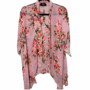 Meritt Womens Sheer Floral Cardigan Kimono One Size Fits All Lace Trim Boho Pink